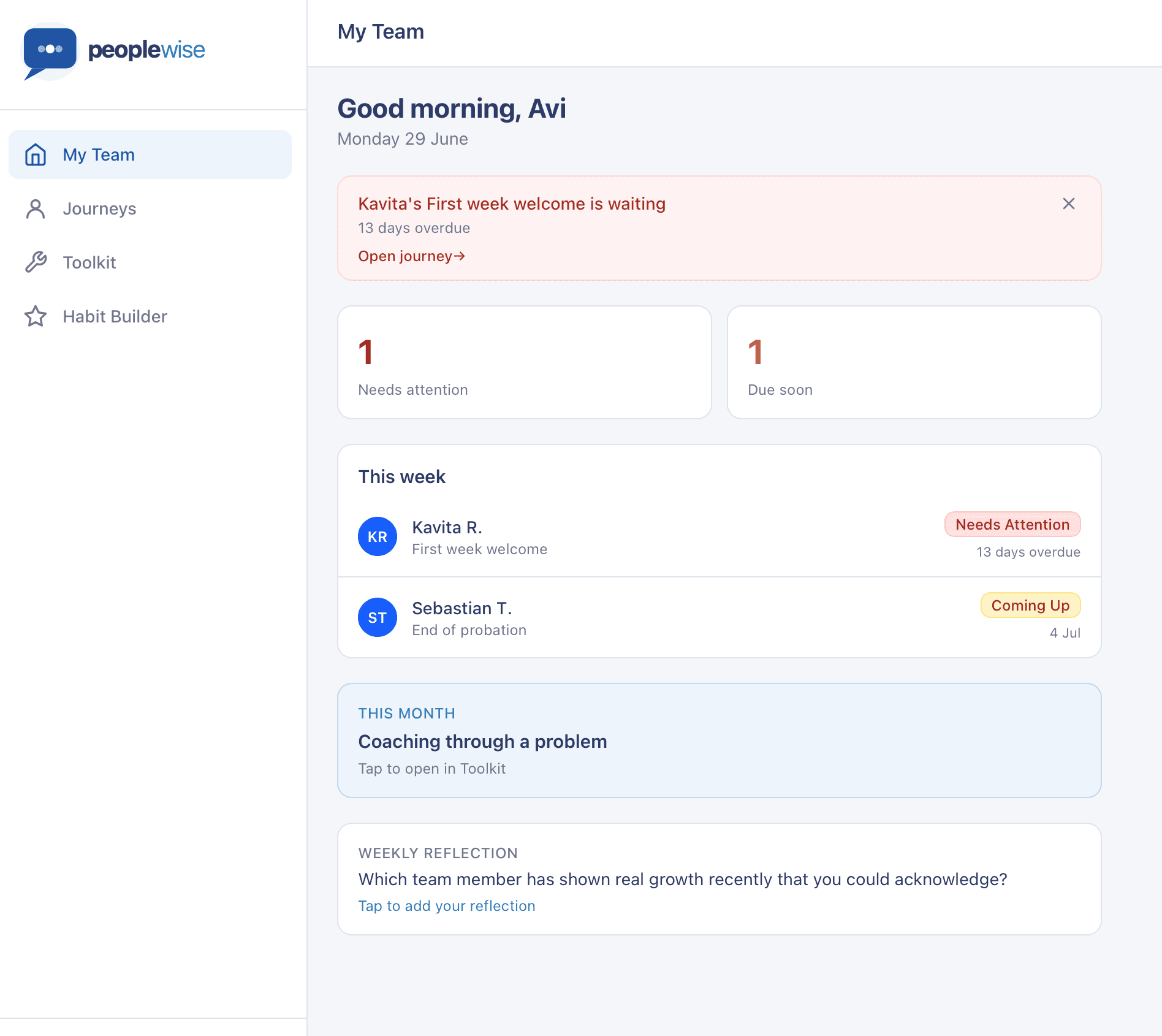 Peoplewise dashboard showing team moments and nudges